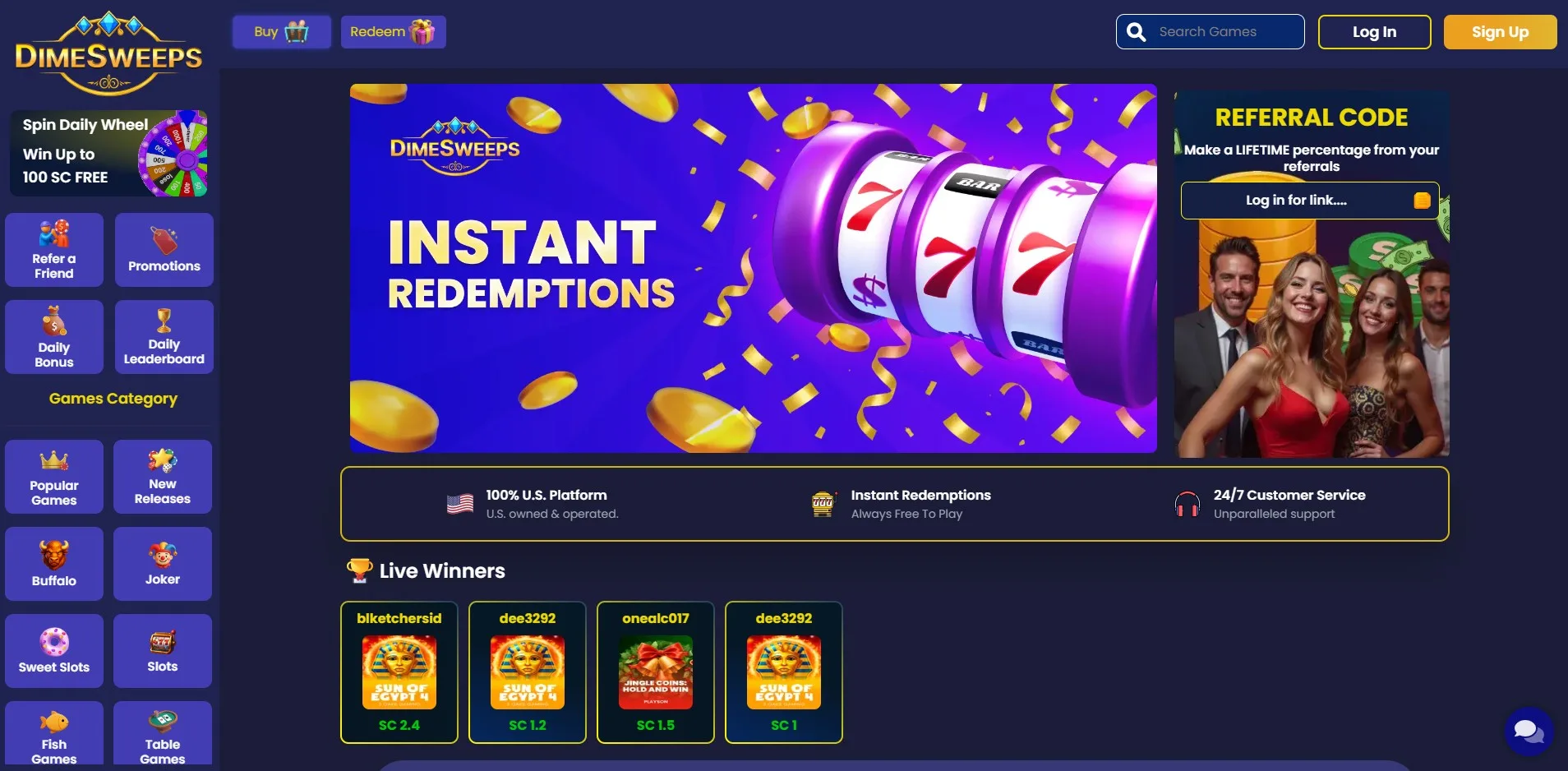 DimeSweeps desktop view