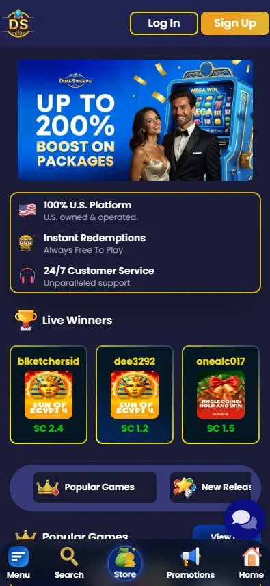 DimeSweeps mobile view