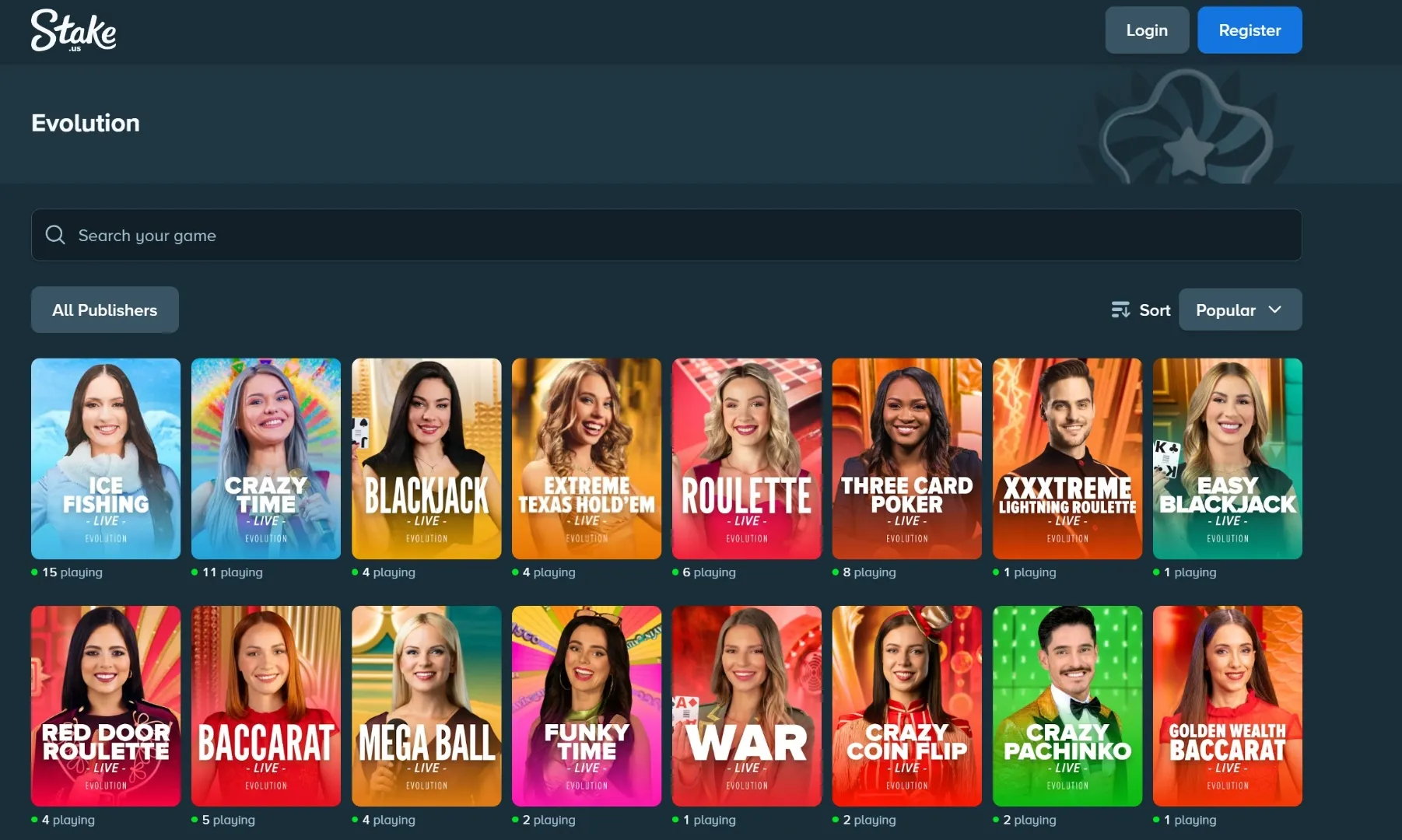 Evolution live casino games on Stake.us