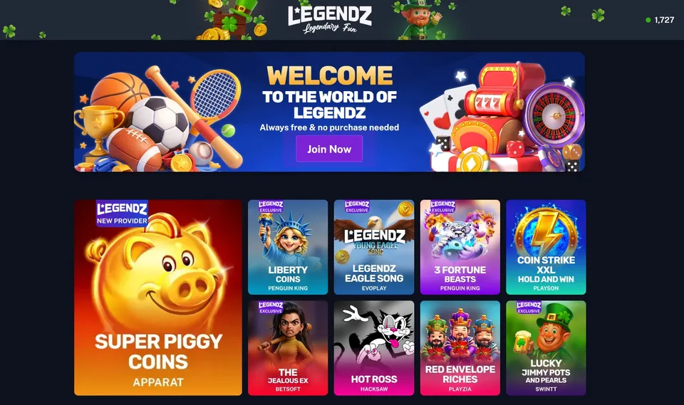 Legendz platform lobby showing featured games and new providers