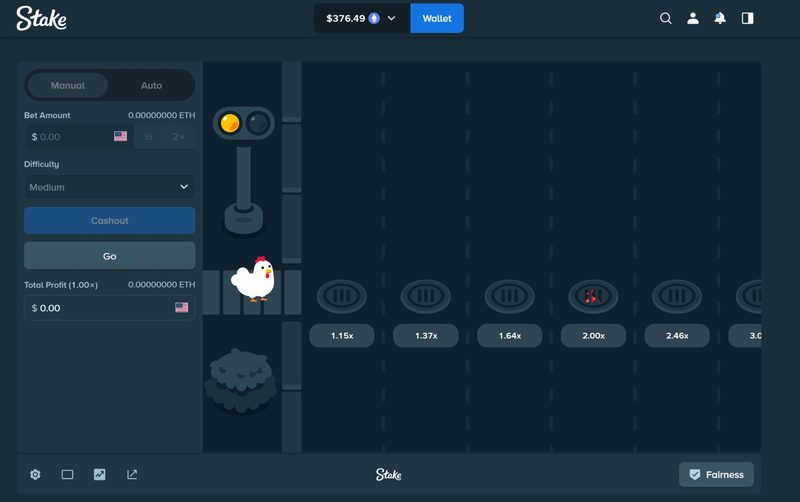 Stake.us Chicken game interface showing the grid-based road crossing gameplay with multiplier tiles and bet controls