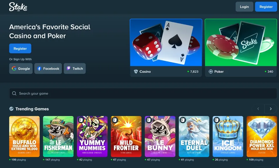 Stake.us platform lobby showing trending games, casino and poker sections