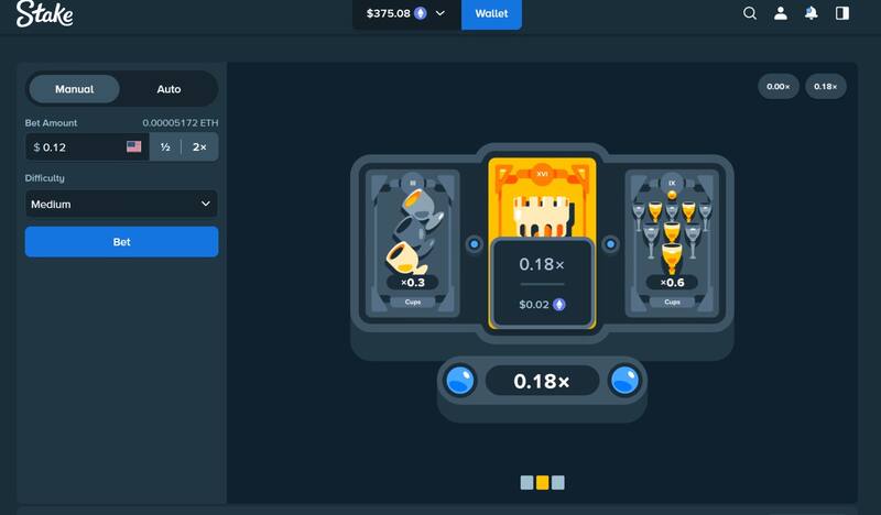 Stake.us Tarot game interface showing tarot card multipliers, bet controls, and difficulty settings