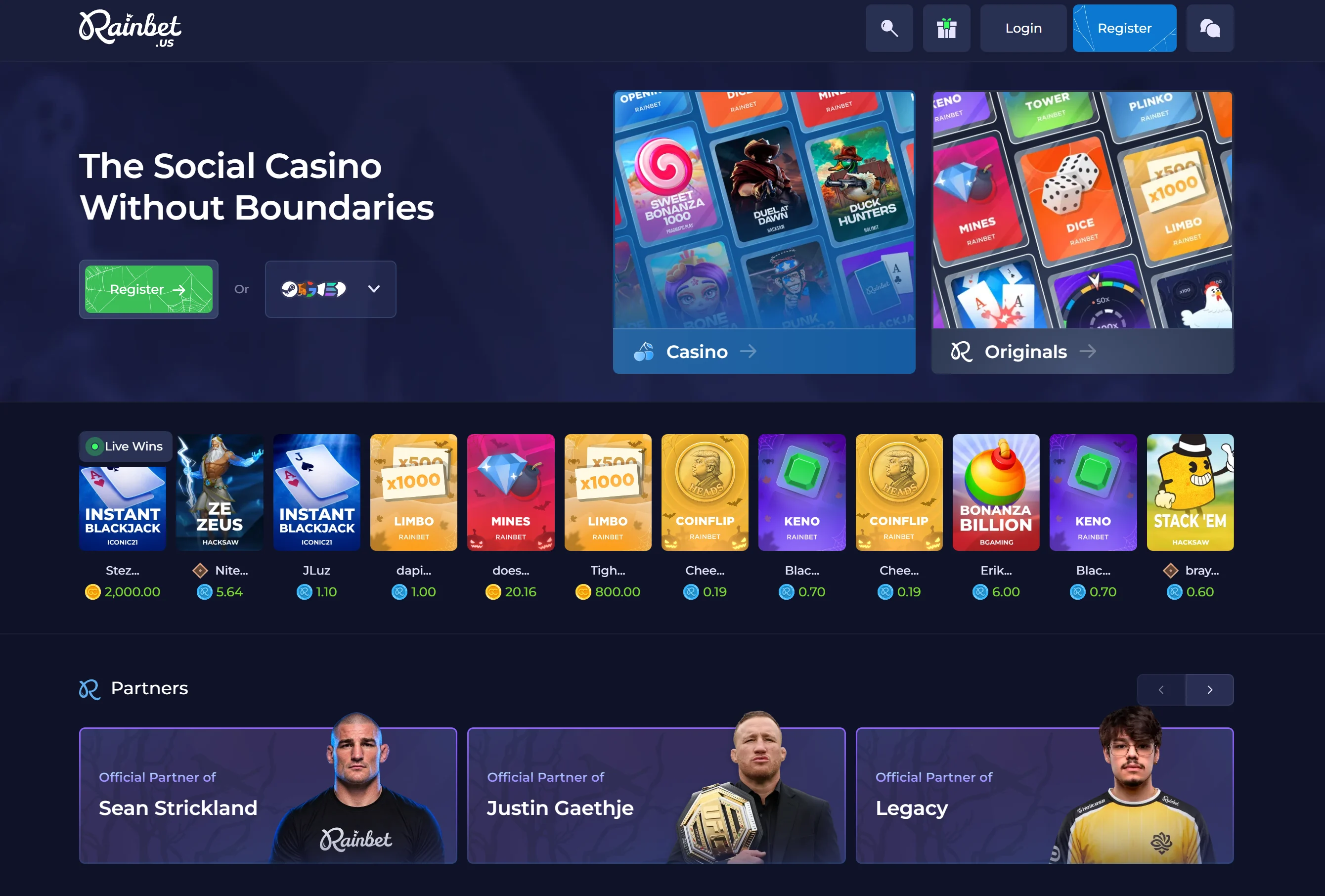 Rainbet.us homepage showing the social casino lobby and original games